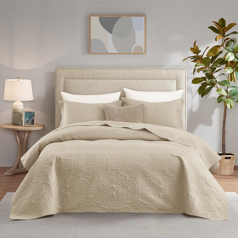 CHIXIN Quilt King Size - Damask Paisley Bedspread Coverlet Set - Classic & Gorgeous Style Bedding Cover, Ultrasonic Quilting, Reversible, Lightweight, 4 Piece, Taupe - Image 1